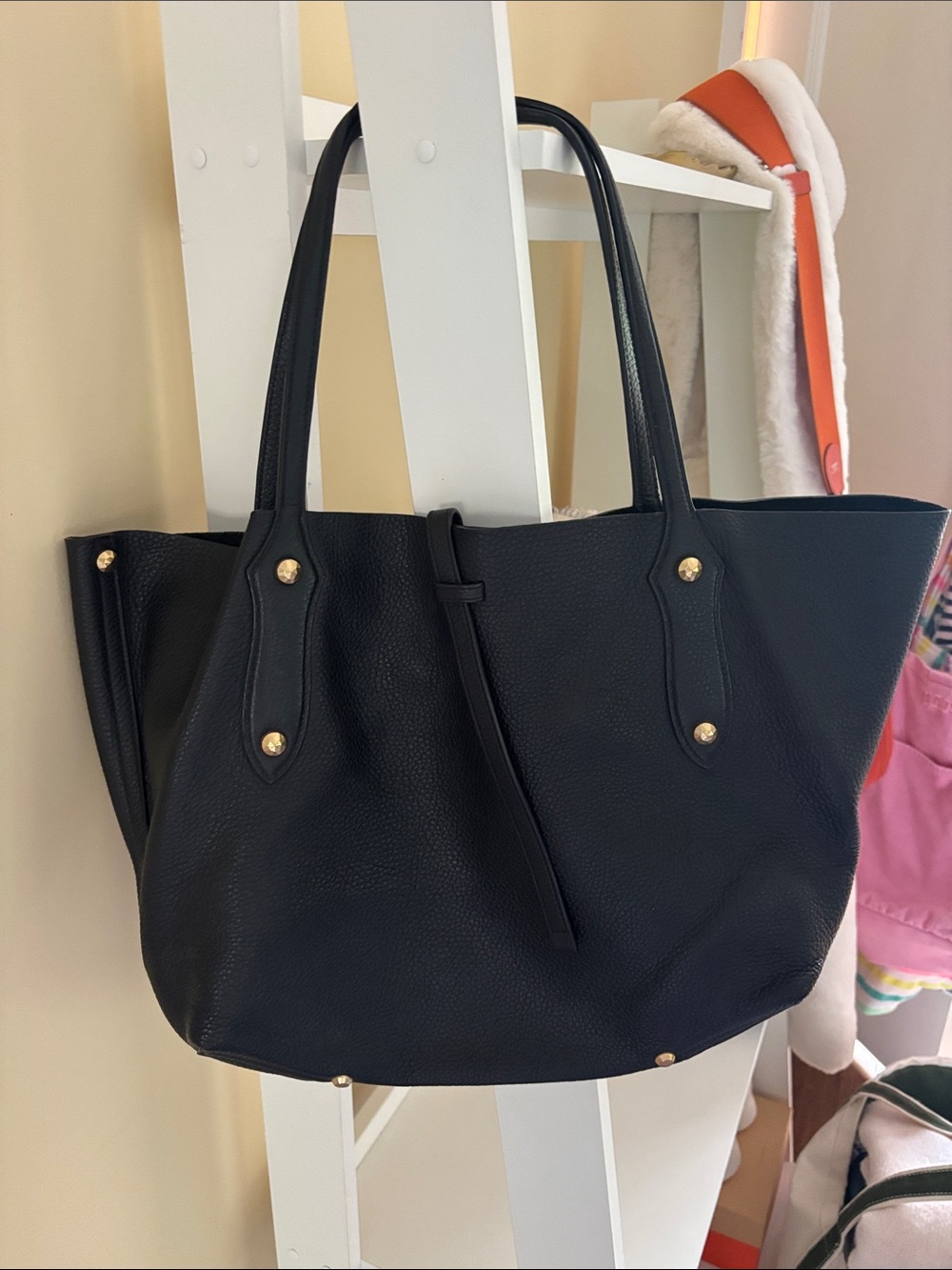 Annabel Ingall Black Pebbled Leather Tote with Gold Accents